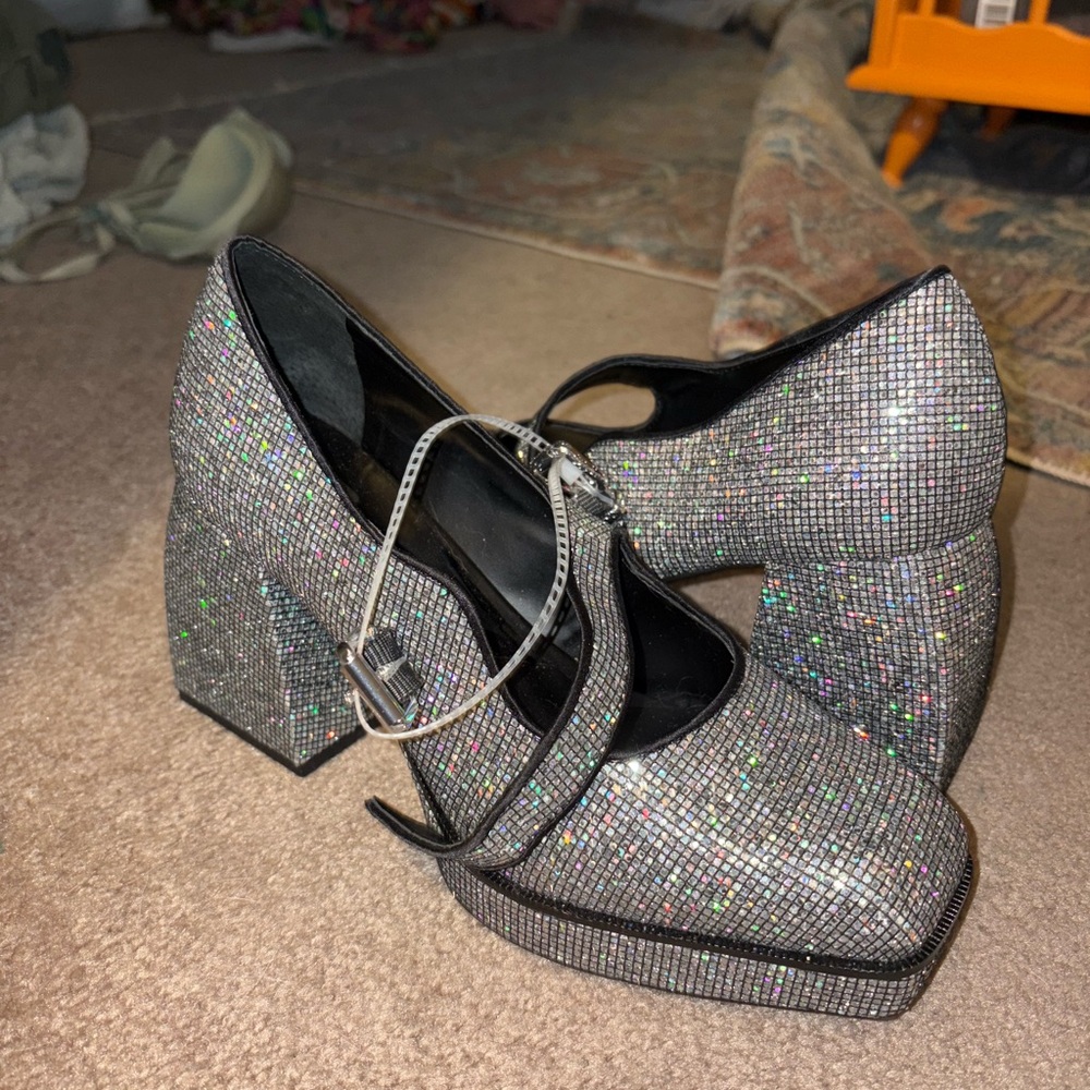 Silver Glitter Block Heel Shoes